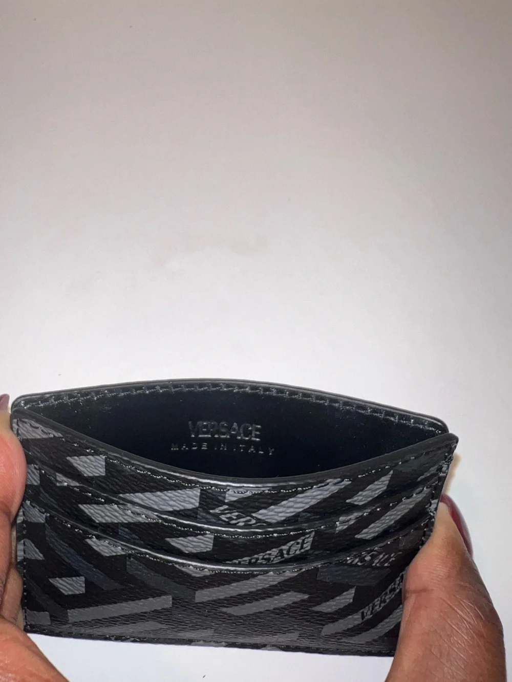 Versace Black & Gray Geometric Pattern Card Holder